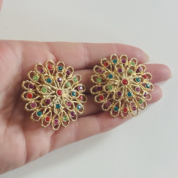 Tara Signed Round Earrings VTG Gold Plated Clip chunky Crystal Statement Regal - Picture 4 of 6